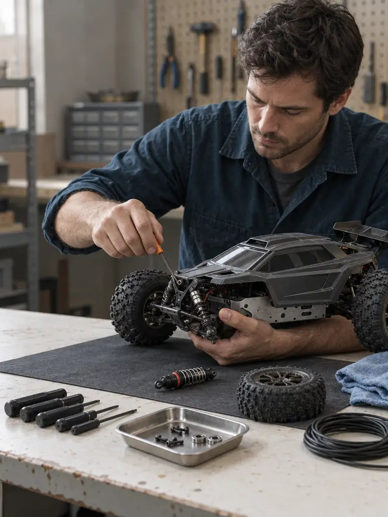 Reparatur eines ferngesteuerten Autos an der Werkbank